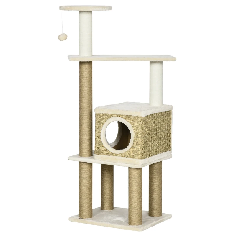 PawHut Cat Tree, with Scratching Post, Cat House & Hanging Toy Ball - Beige