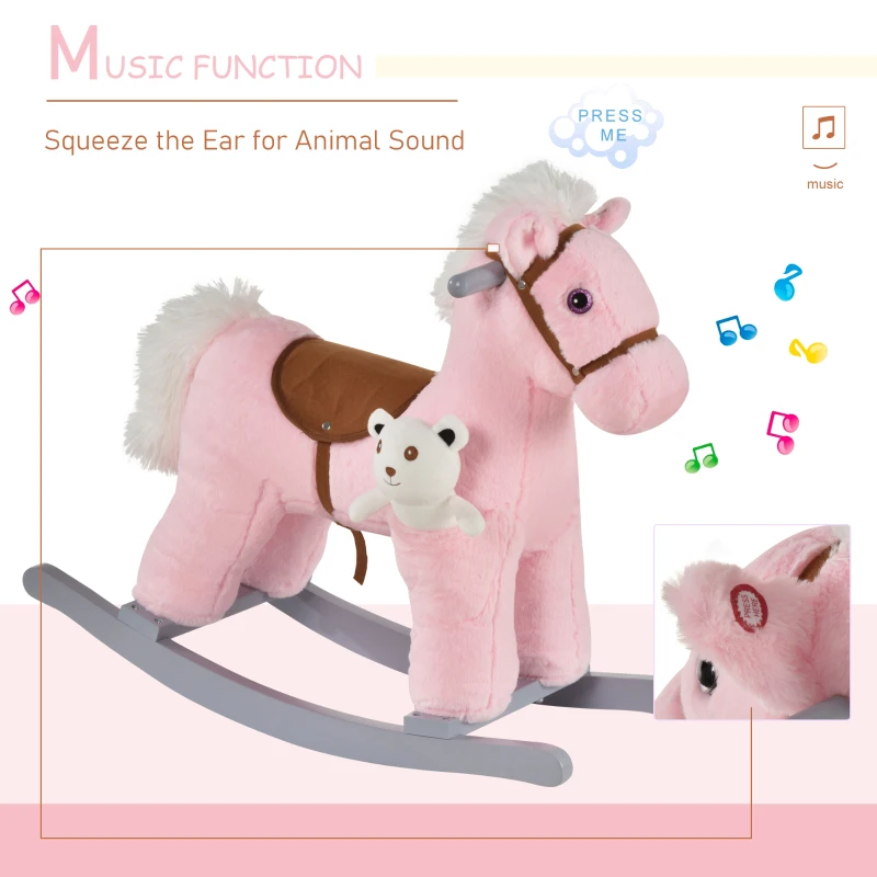 HOMCOM Kids Plush Ride-On Rocking Horse Toy Rocker with Plush Toy Realistic Sounds for Child 18-36 Months Pink