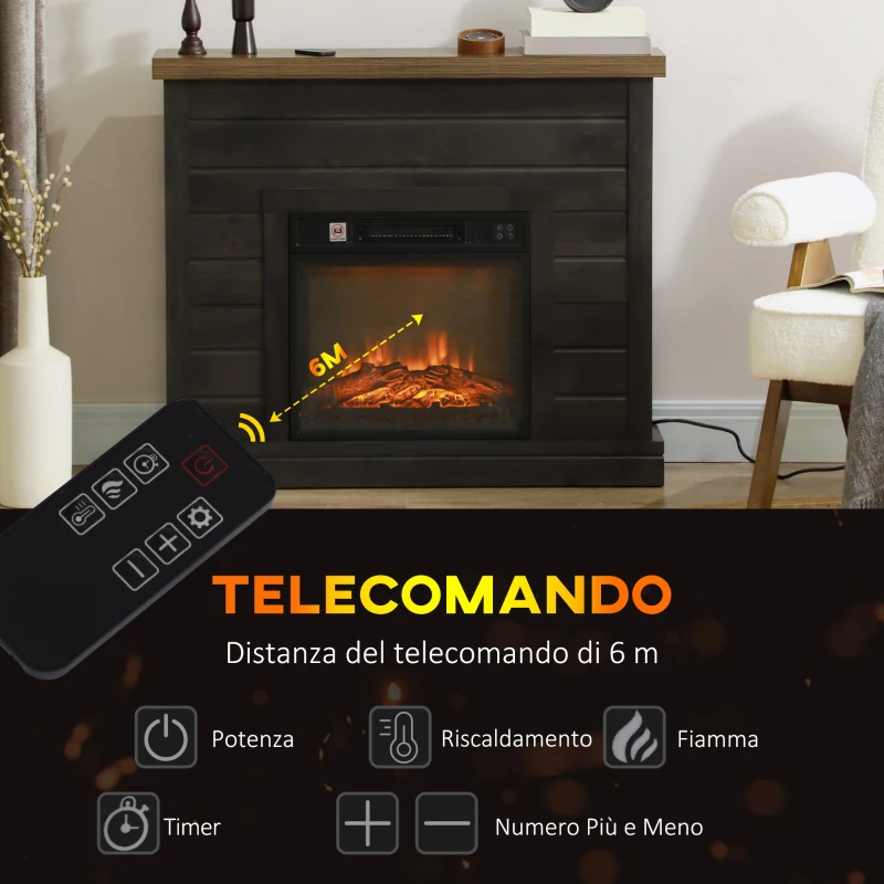 HOMCOM Camino Elettrico 1800W con Effetto Fiamma e Telecomando, in Legno, Metallo e Vetro, 96.5x22x81.7 cm, Grigio Scuro
