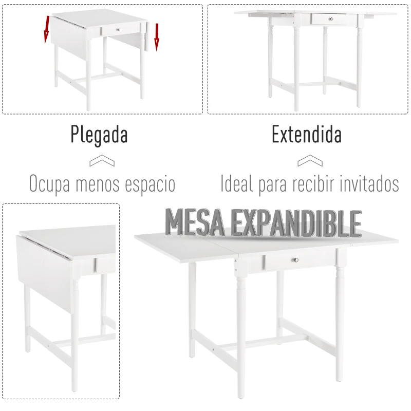 HOMCOM Mesa de Comedor Plegable con 2 Tableros Laterales 1 Cajón Estable en MDF Patas Macizas de Madera de Pino Carga 60 kg 115x78x76 cm Blanco