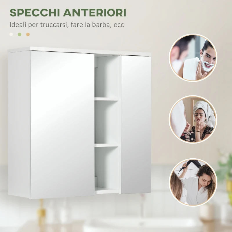 kleankin Armadietto Specchiera Bagno 2 Ante con Ripiani Aperti e Mensole Regolabili, 60x20x61cm, Bianco