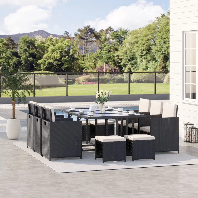Outsunny Set 11 PZ Mobili da Giardino in Rattan da Esterno con Tavolo in Vetro Temperato e Cuscini, Set da Pranzo, Nero