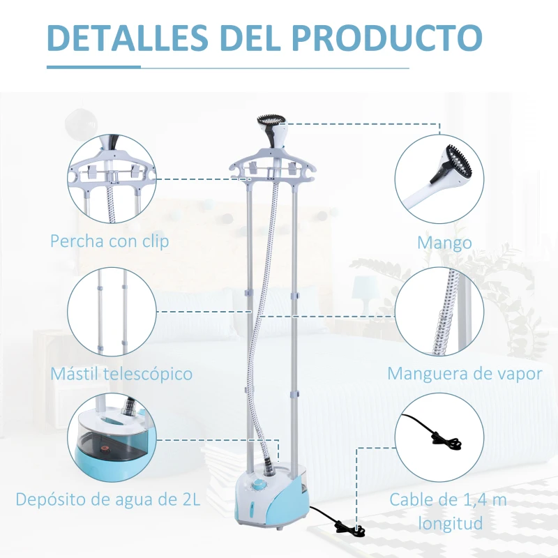 HOMCOM Plancha Vertical 1950W 2 L Plancha de Vapor Vertical con Temperatura Ajustable en 11 Niveles y Barra Telescópica Centro de Planchado Vertical para Hogar Oficina Azul