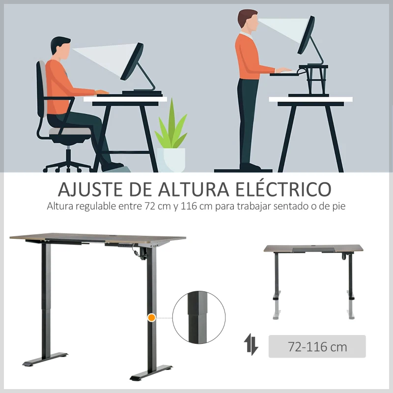 Vinsetto Escritorio Eléctrico con Altura Ajustable y 4 Teclas de Memoria para Oficina Hogar 140x70x72-116 cm Negro y Teca