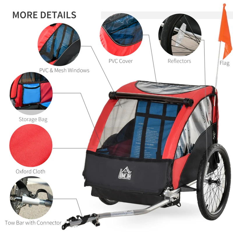 HOMCOM Child Bike Trailer Foldable 2-Seat Baby Transport Carrier with Storage Bag Five-point Safety Harness Hitch Coupler Red