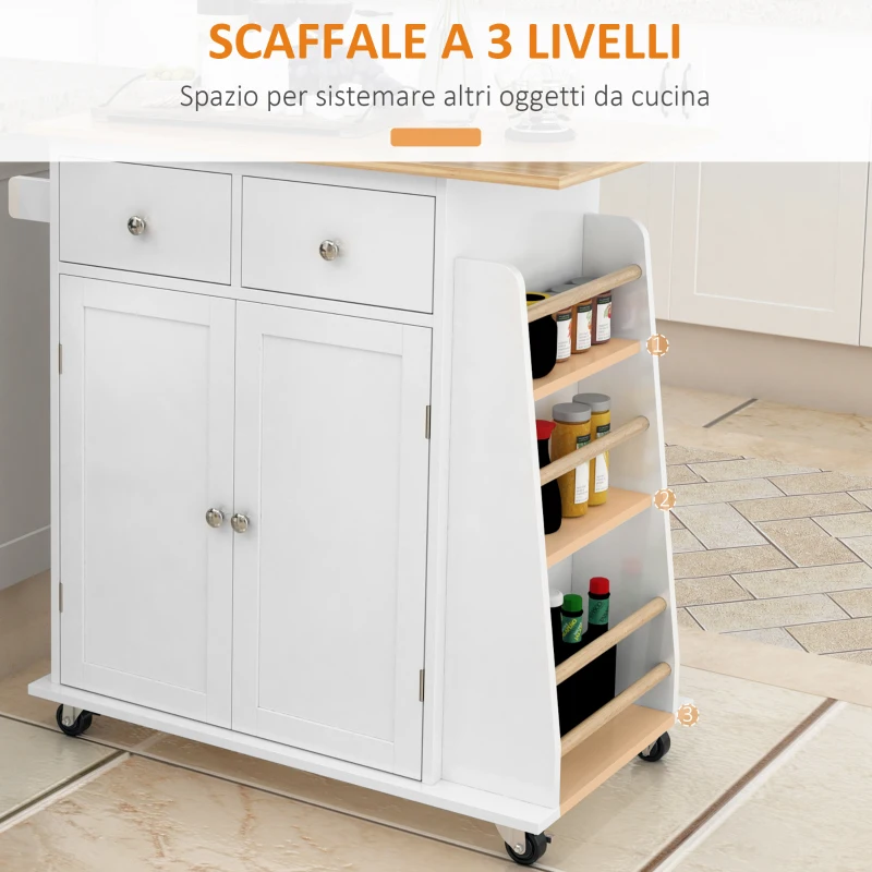 HOMCOM Carrello da Cucina Portaspezie a 3 Livelli e 4 Ruote in MDF e Truciolato, 89x45x89cm, Bianco