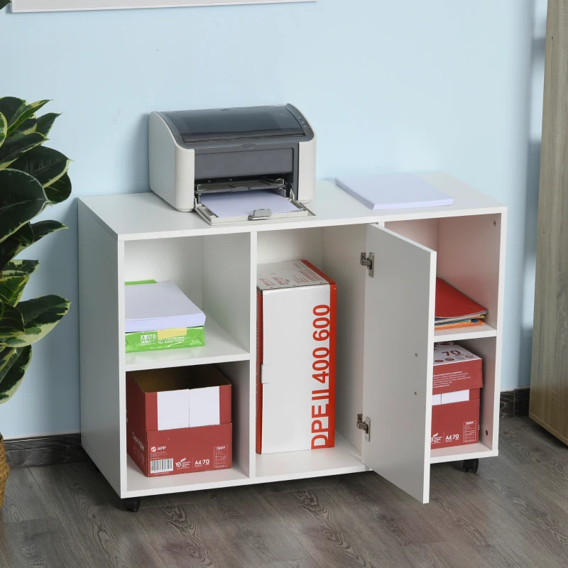 HOMCOM Armario de Oficina para Impresora Soporte de Máquinas con 4 Compartimentos Armario de Puerta Ruedas 2 Frenos 100x40x71 cm Blanco