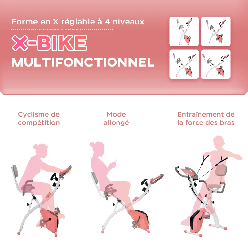 HOMCOM Vélo d'appartement pliable, vélo d'exercice, home traîner pour adultes, 8 niveaux de résistance magnétique, capteurs pouls main, écran LCD multifonction, selle réglable, acier, rose, blanc