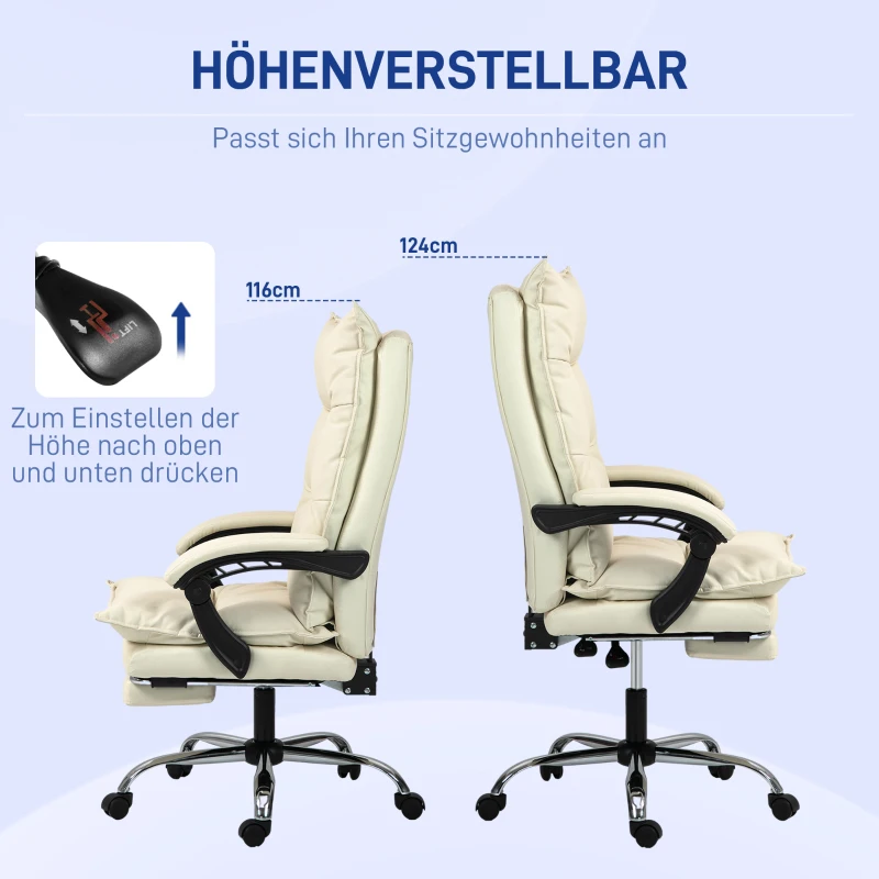Vinsetto Bürostuhl, verstellbare Sitzhöhe, Fußstütze, Kunstleder, bis 135 kg, Metallbasis, 66x72x116-124cm, Beige(m-4)