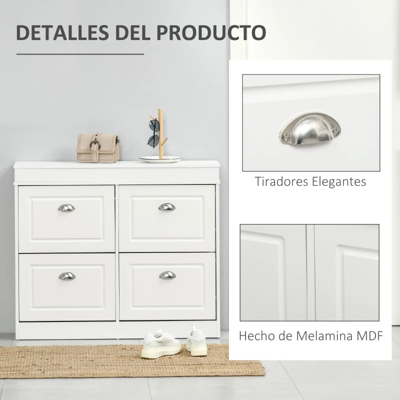 HOMCOM Mueble Zapatero de 4 Puertas Zapatero Estrecho con Estantes Ajustables y Extraíbles Capacidad de 16 Pares para Pasillo Entrada Recibidor 98x24x83 cm Blanco