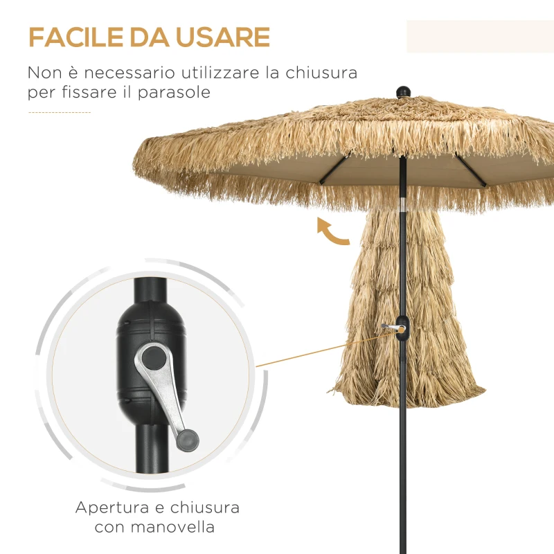 Outsunny Ombrellone da Giardino Rotondo con Copertura in Paglia e Manovella, Ø265x250cm, Cachi
