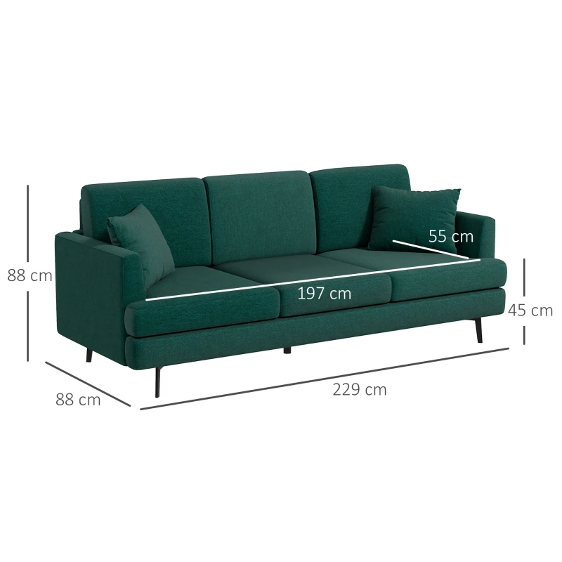 HOMCOM Divano 3 Posti in Tessuto con 2 Cuscini e Imbottitura Spessa, 229x88x88cm, Verde