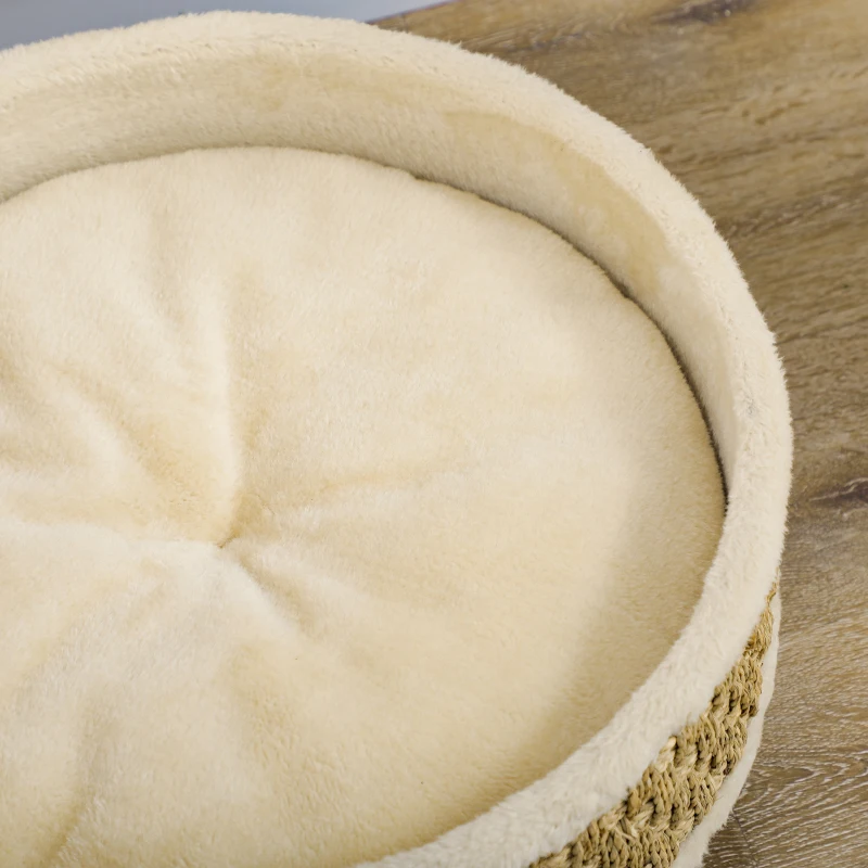 PawHut Haustierbett für Katzen und Hunde, Seegras, waschbares Kissen, 48 cm x 48 cm x 24,5 cm, Beige + Khaki - Natur