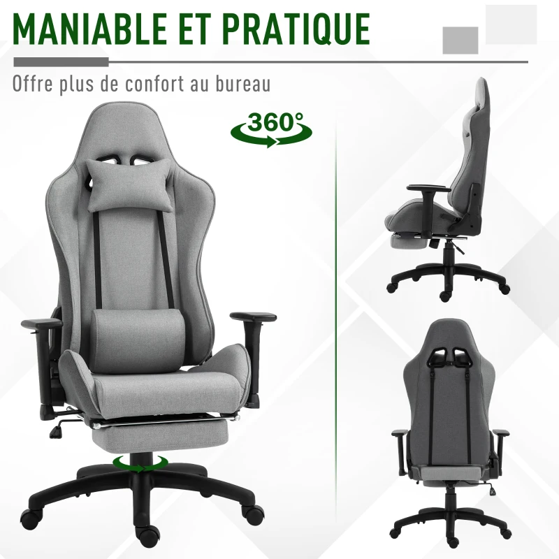 Vinsetto Fauteuil de bureau chaise de bureau manager grand confort repose-pied tétière + coussin lombaires intégrés dossier inclinable accoudoirs réglables lin gris