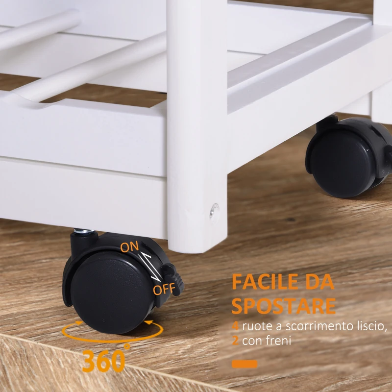 HOMCOM Carrello da Cucina Multiuso con 2 Cassetti, 2 Ripiani e 2 Cesti, in Legno di Pino, 74x37x76 cm, Bianco