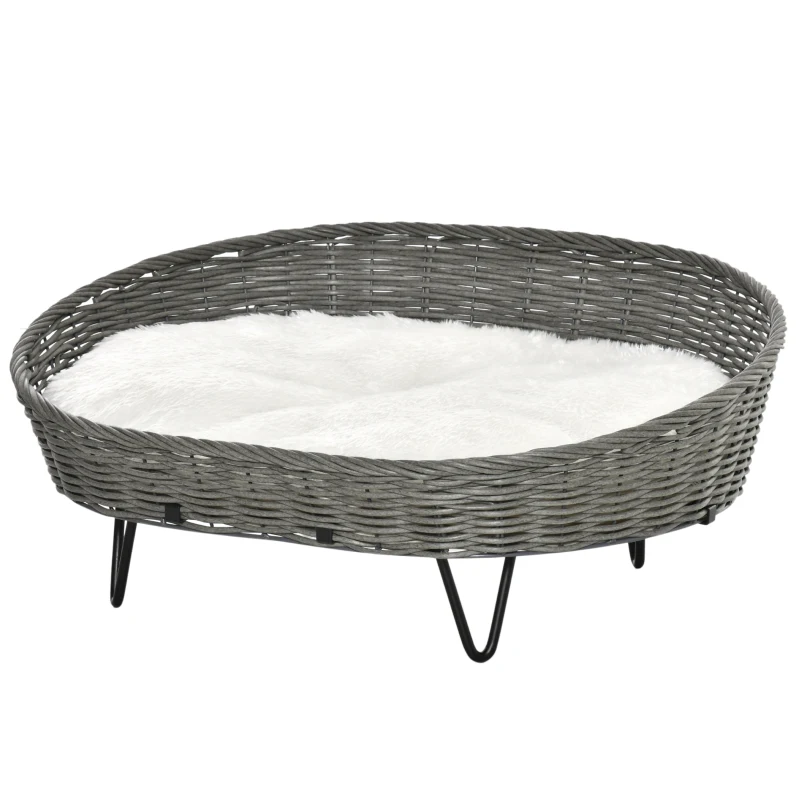PawHut Cama para Perros Gatos de Mimbre Cesta Ratán para Mascotas Medianas Pequeñas con Cojín Lavable y Patas Elevadas de Acero 76x59x32 cm Gris y Blanco