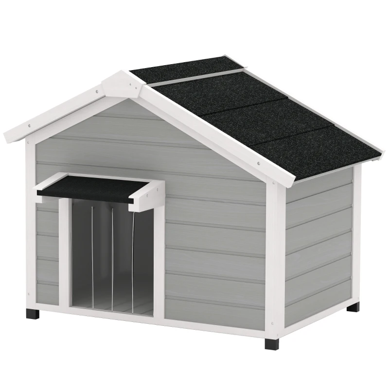 PawHut Wooden Dog House Outdoor with Openable Roof, Removable Floor, Curtain, Elevated Feet, for Medium Dogs, Light Grey