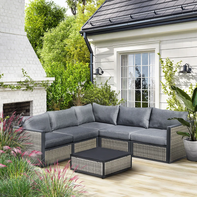 Outsunny 6 Pieces Patio Wicker Corner Sofa Set, Outdoor PE Rattan Sectional Conversation Aluminum Frame Furniture Set w/ Padded Cushion & Coffee Table, Grey