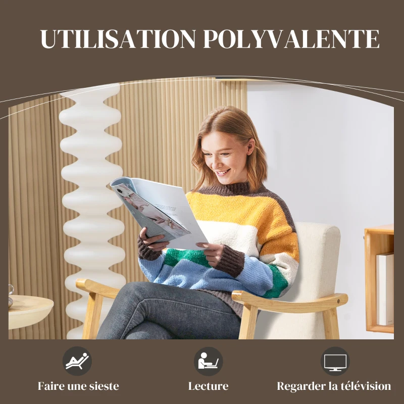 HOMCOM Fauteuil à bascule rocking chair assise rembourrée avec pieds en bois - dim. 66l x 92P x 78H cm, beige