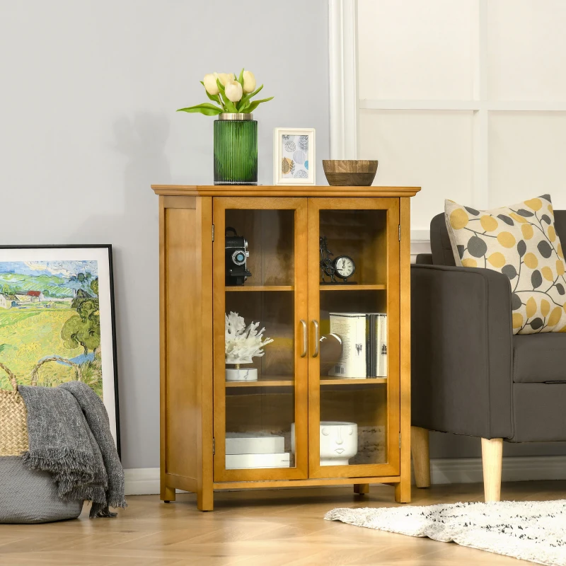 HOMCOM Aparador Auxiliar con 2 Puertas de Vidrio Armario de Salón Multiusos con 2 Estantes Ajustables 66x31,8x86,8 cm Nogal
