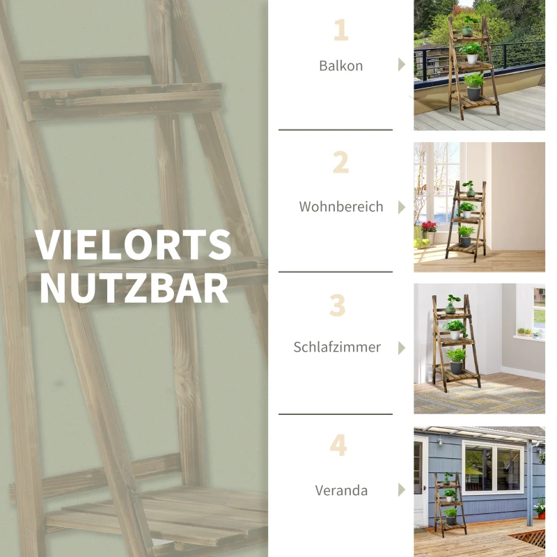 Outsunny 3-Etagen Pflanzenständer, klappbarer 93 cm hoch Blumenständer für Innen Außen, Pflanzenregal aus Holz, Blumentopfständer mit Tabletts, Blumentreppe für Wohnzimmer, Garten Balkon, Dunkelbraun