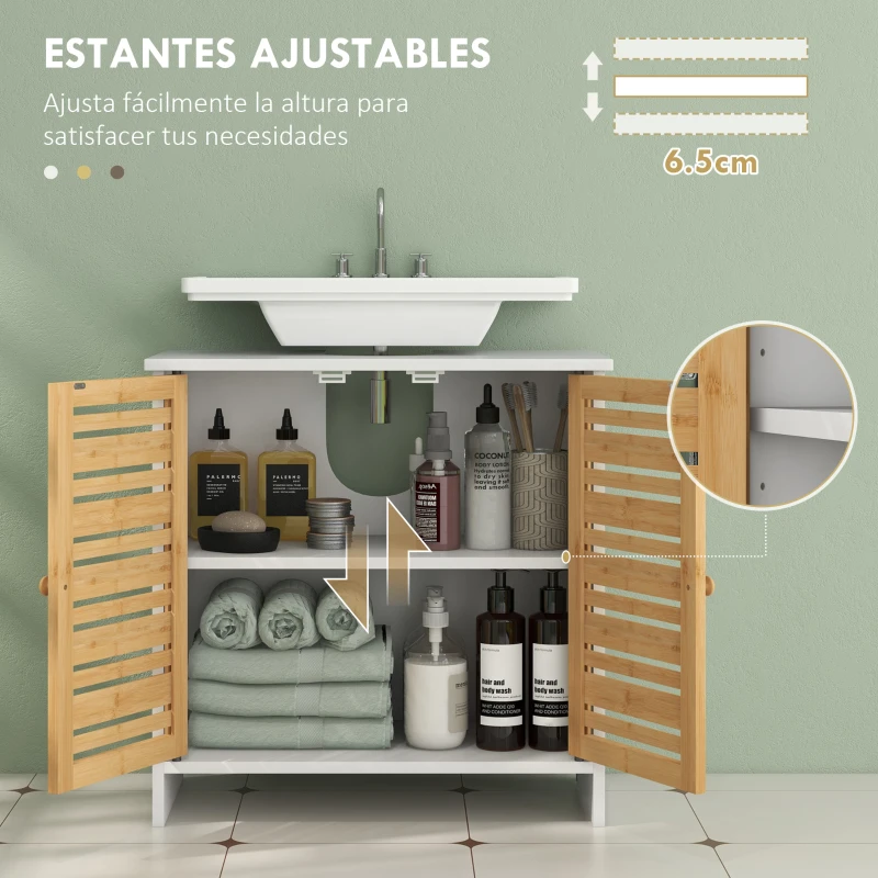 HOMCOM Mueble para Debajo del Lavabo Moderno con Puertas Magnéticas de Bambú y Estante Ajustable 60x30x60 cm Blanco y Natural