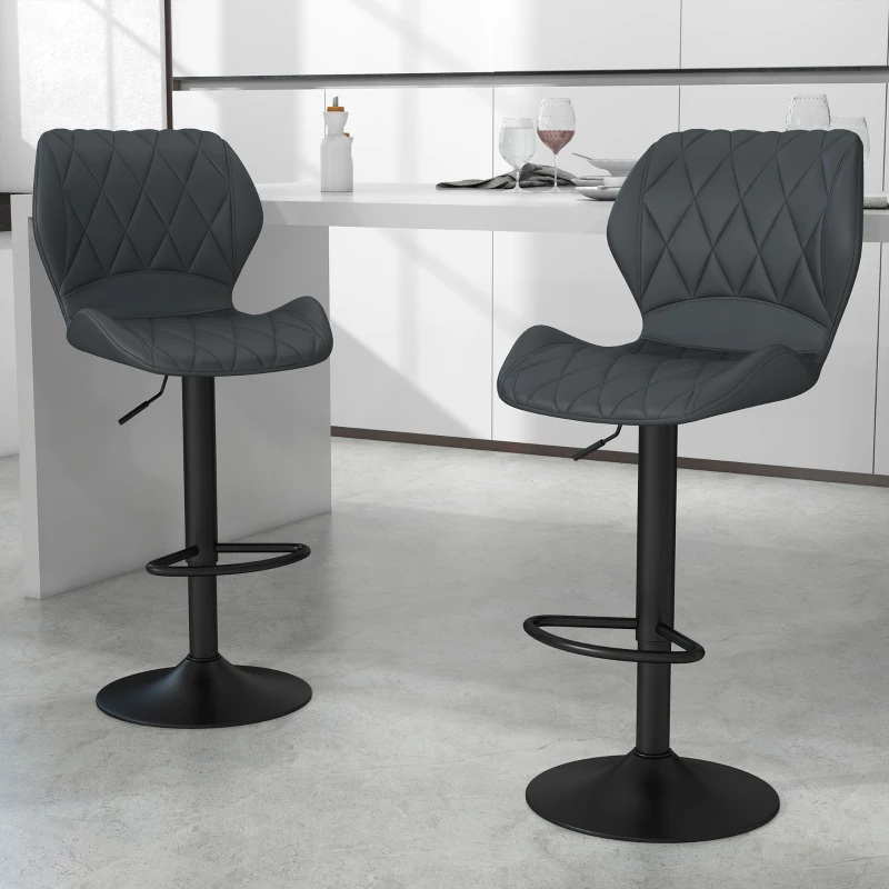HOMCOM Set di 2 Sgabelli da Bar Alti in Finta Pelle con Altezza Regolabile, Sgabelli Cucina Girevoli con Schienale e Poggiapiedi, 46.5x49.5x92-113cm Grigio