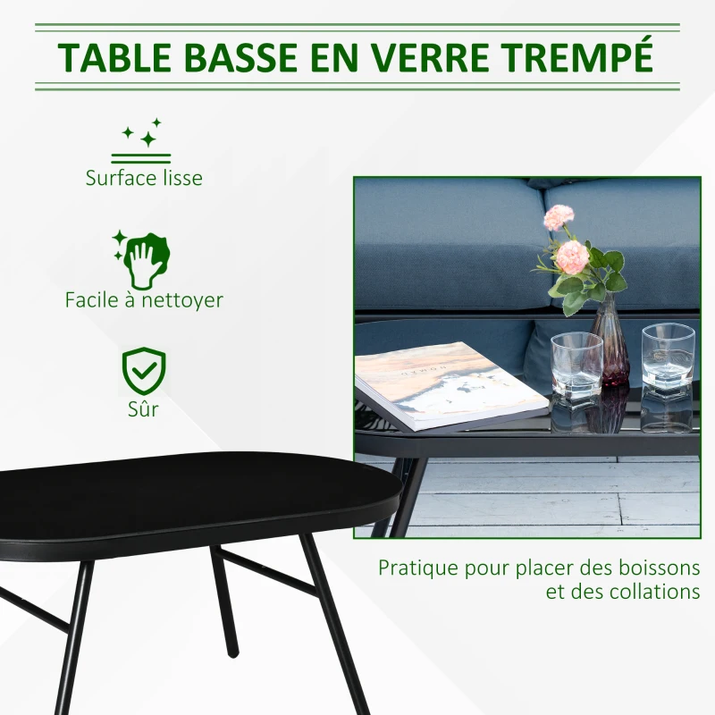 Outsunny Ensemble salon de jardin 4 pièces canapé 2 places + 2 fauteuils + table basse plateau verre trempé grand confort 4 coussins rembourrage épais déhoussables métal bleu foncé et noir
