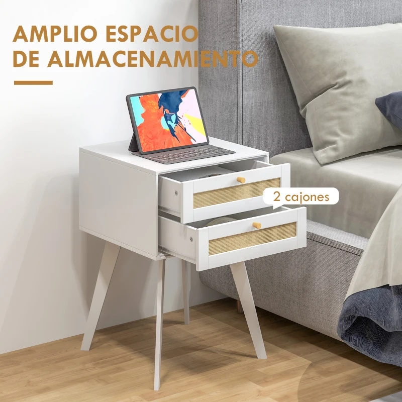 HOMCOM Mesilla de Noche Blanca Mesita de Noche con 2 Cajones Estilo Cannage Mesita Auxiliar Pequeña 40x40x60 cm