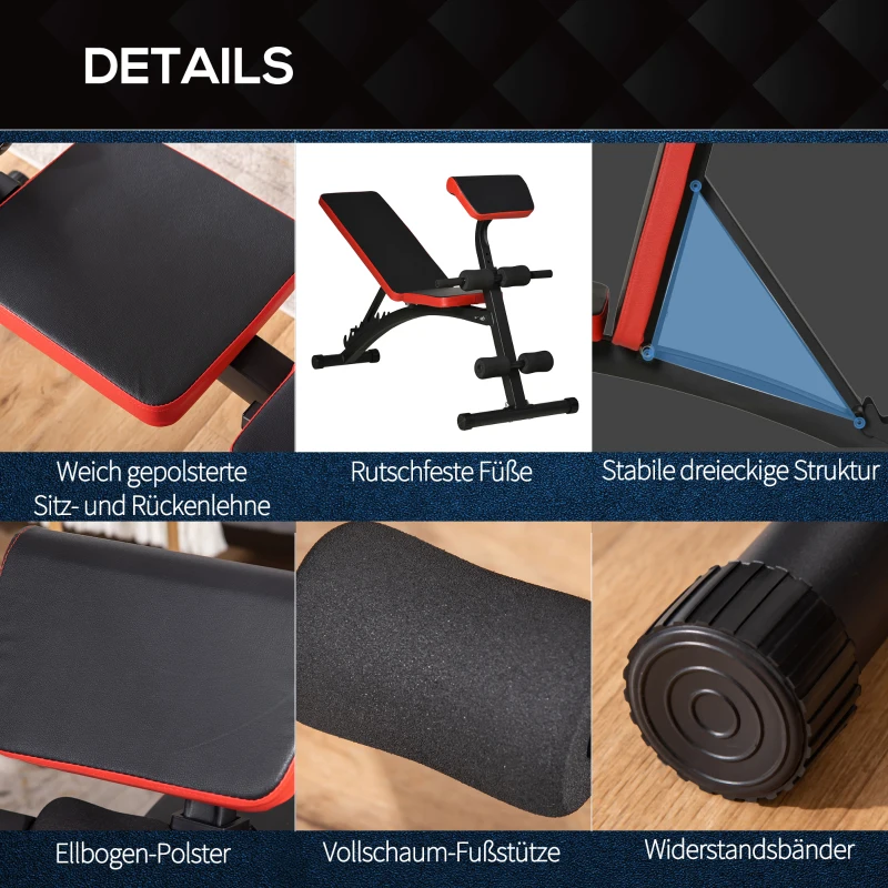 HOMCOM Multifunktion Hantelbank Höhenverstellbar Kraftstation Gewicht bis 120 kg mit 6-stufigem Rückenlängenwinkel Trainingsbank Metall Kunstleder Schwarz+Rot 145 x 52 x 79-105 cm