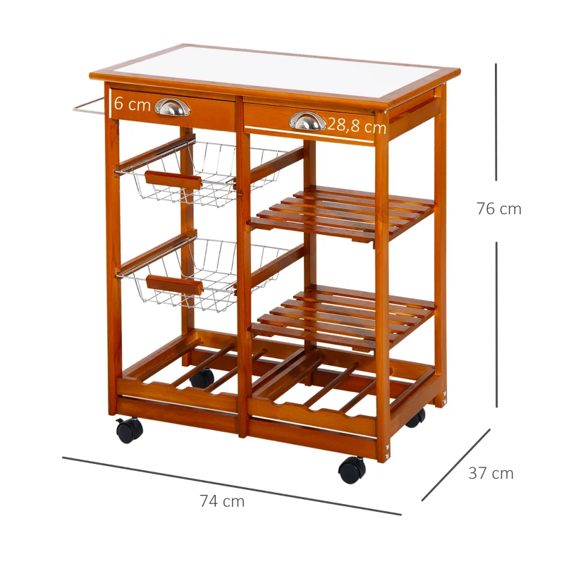 HOMCOM Carrito para Cocina Multifuncional Carrito Auxiliar de Madera con Gran Espacio de Almacenaje Cajones Cestas Estantes 4 Ruedas Freno
