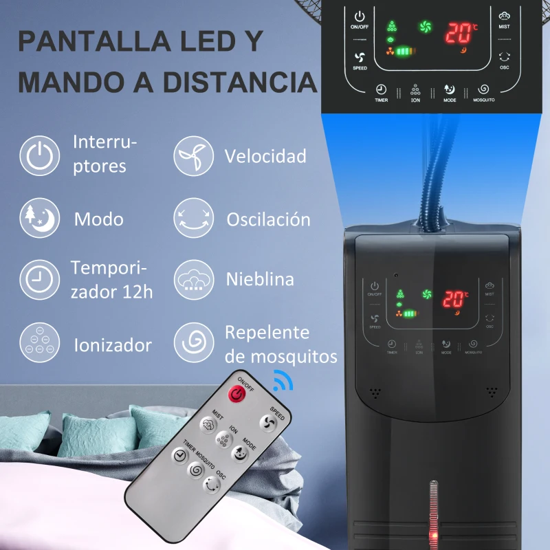 HOMCOM Ventilador de Pie Oscilante con Nebulizador 90W con Control Remoto 5 Aspas Tanque de Agua 3,1 L 44,5x44,5x135 cm Negro