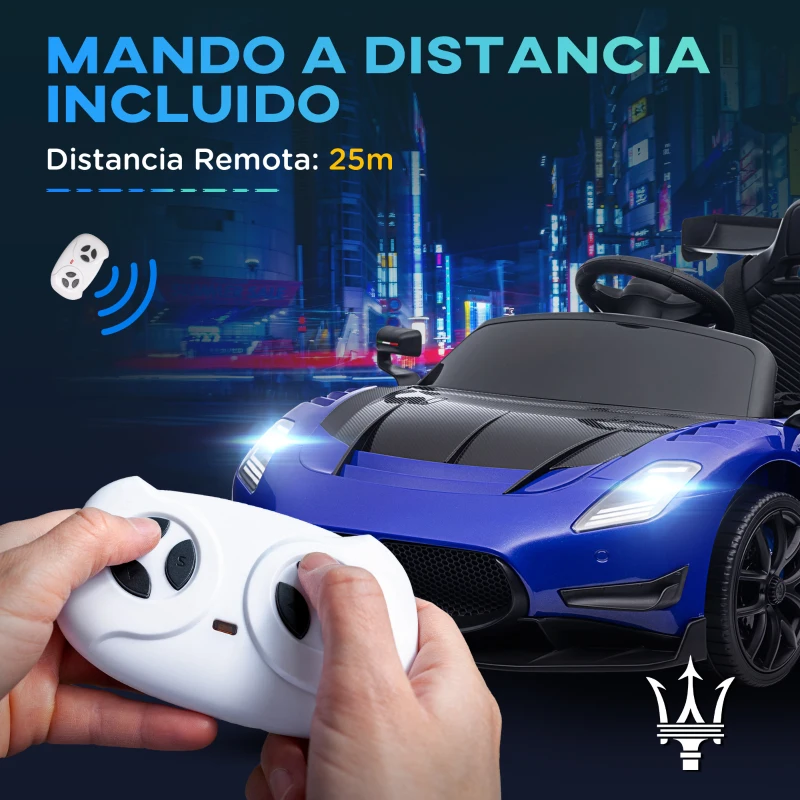 AIYAPLAY Coche Eléctrico para Niños de +3 Años Maserati GT2 con Mando a Distancia Faros LED Bocina Música Ruedas Auxiliares Azul(m-8)