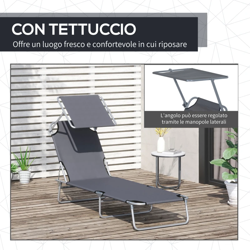 Outsunny Lettino Prendisole da Giardino, Sdraio Pieghevole e Regolabile con Tettuccio in Tessuto Grigio, 187x58x36cm