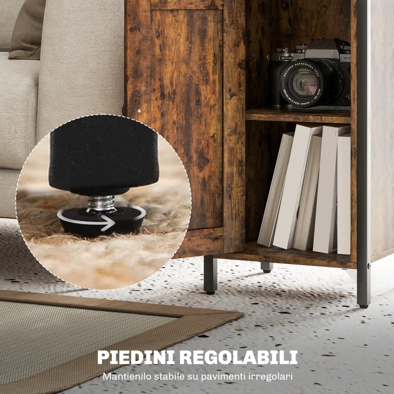 HOMCOM Comodino Industriale con 2 Ripiani e Scaffale Interno Regolabile, in Legno e Acciaio, 34x30x80 cm, Marrone