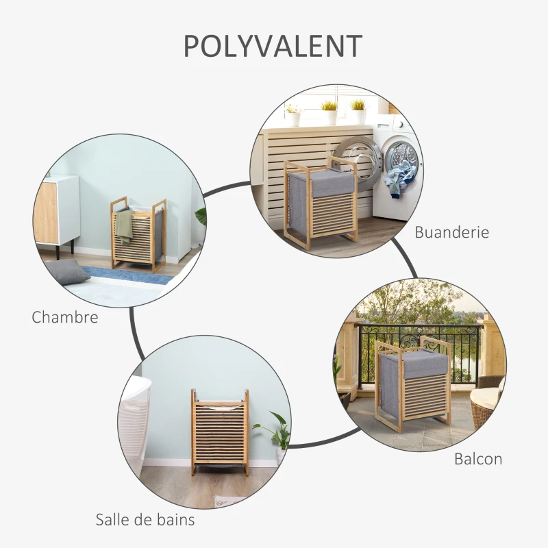 HOMCOM Panier à linge en bambou avec couvercle et poignées grand capacité pour chambre à coucher balcon salle de bain et buanderie 40 x 35 x 60,5 cm bois naturel et gris