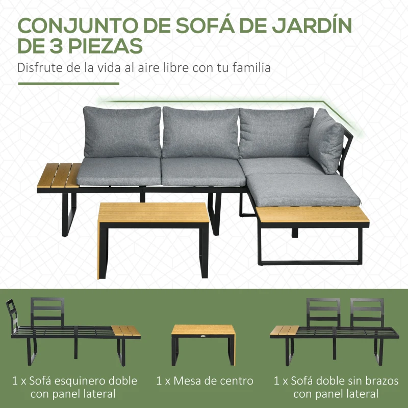 Outsunny Conjunto de Muebles de Jardín Sofá Esquinero 2 Módulos con Mesas y Mesa de Plástico Imitación Madera para Terraza Gris