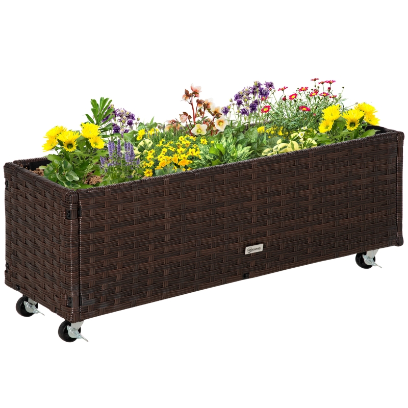 Outsunny Hochbeet Poly Rattan mit Rollen Pflanzkasten mit Abflusslchern  Blumenkasten Blumenkbel Kaffee-Braun 94,5 x 31 x 36 cm | Aosom.de