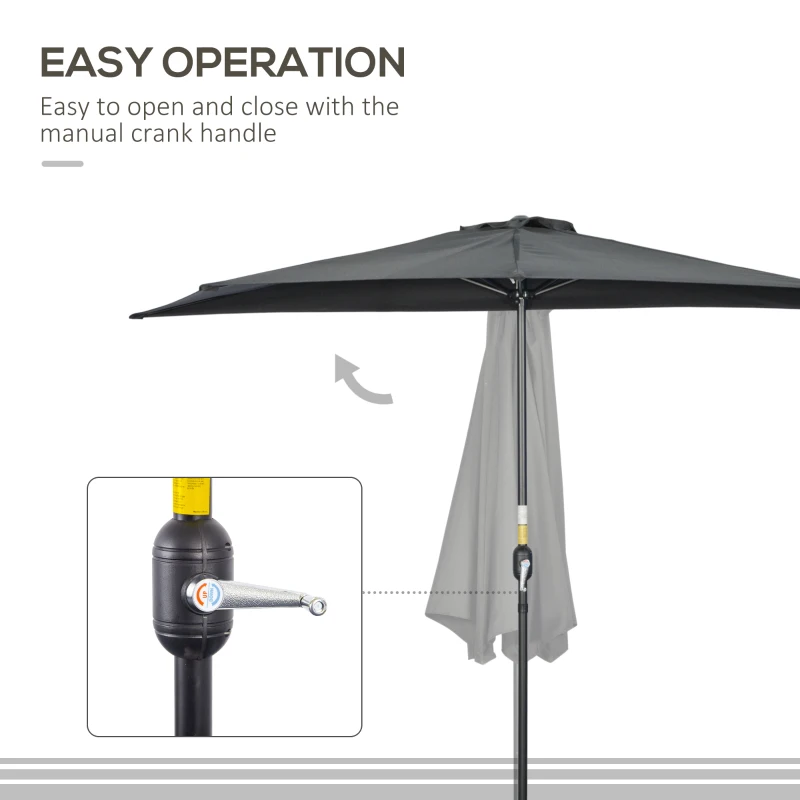 Outsunny 3(m) Half Parasol, Semi Round Umbrella with Metal Frame, Crank Handle for Balcony, Garden, Black