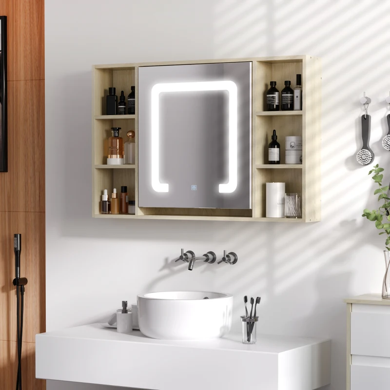 kleankin LED Bathroom Mirror Cabinet, Wall Mounted Dimmable Brightness Medicine Cabinet with Adjustable Shelf and Mirrored Door, Memory Function, USB Charge, Natural