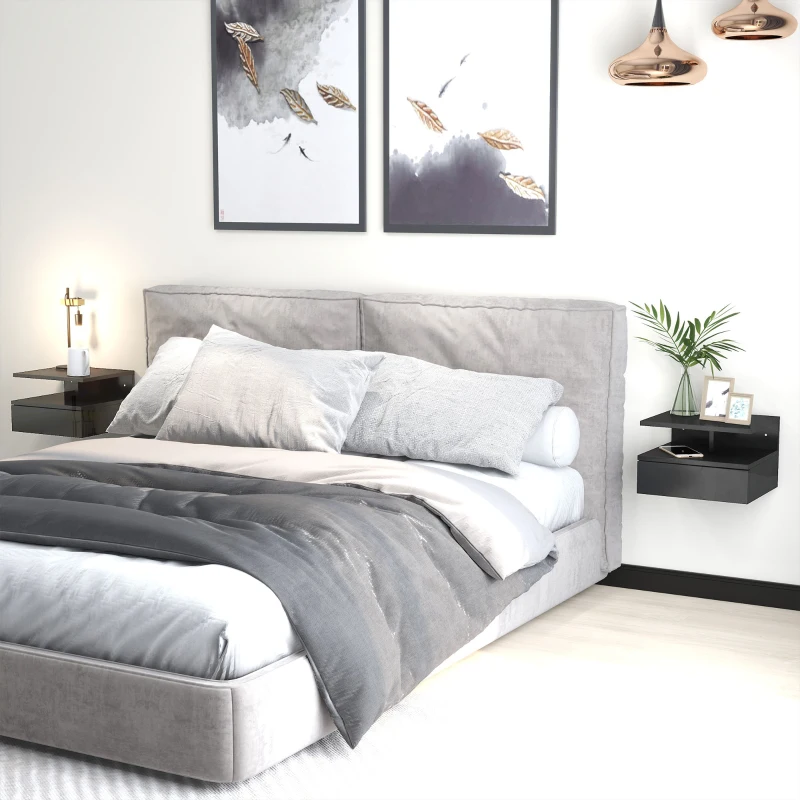 HOMCOM Set da 2 Comodini Moderni Sospesi con Cassetto e Mensola in Legno 35x32x22.5cm, Nero Lucido