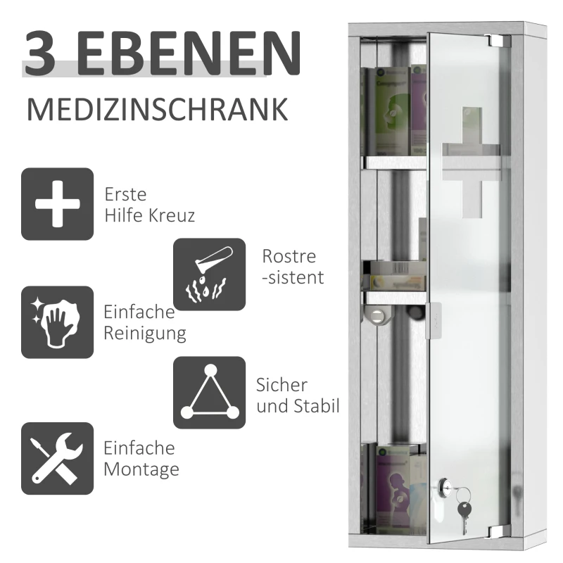 kleankin Medizinschrank aus Edelstahl und gehärtete Glastür Arzneischrank zur Medikamenten-Aufbewahrung, Abschließbar Medikamentenschrank mit 3 Fächern, Erste Hilfe Schrank, 20 x 12 x 58 cm, Silber