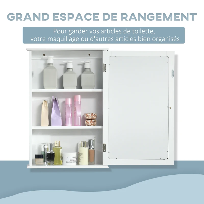 kleankin Armoire Murale de Salle de Bain avec Miroir - Armoire à Glace - Placard de Rangement Toilettes - 1 Porte, 2 étagères - Verre MDF Blanc