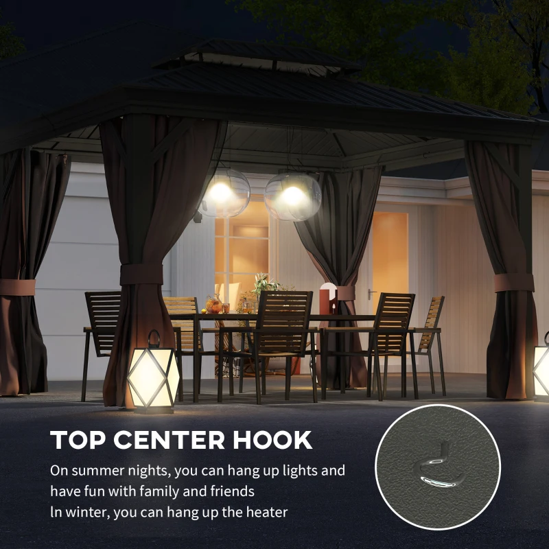 Outsunny 3 x 3.7m Outdoor Hardtop Gazebo Canopy Aluminium Frame with 2-Tier Roof & Mesh Netting Sidewalls for Patio, Dark Brown