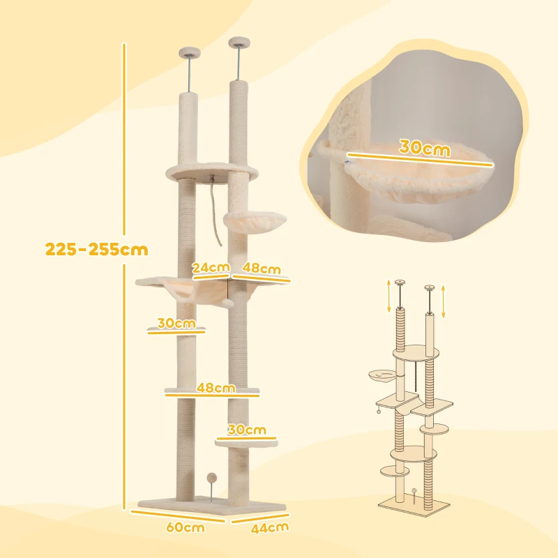 PawHut Árbol para Gatos de Suelo a Techo 225-255 cm con Hamacas Plataformas Juguete de Cuerda Bola de Juguete Beige y Gris