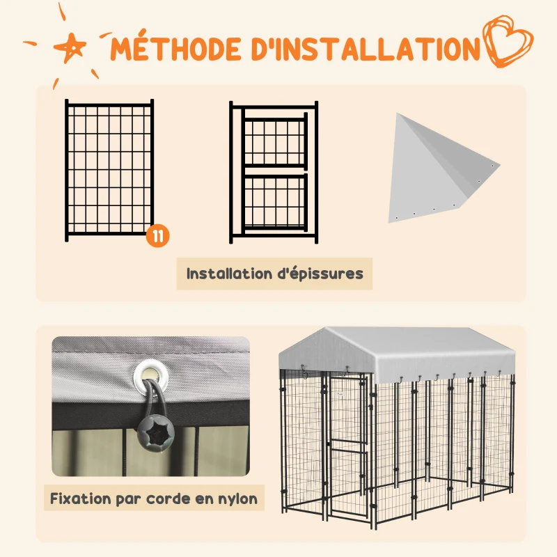 PawHut Chenil d'extérieur enclos 3m² avec auvent imperméable pour grand chien, porte verrouillable 239L x 121l x 183H cm