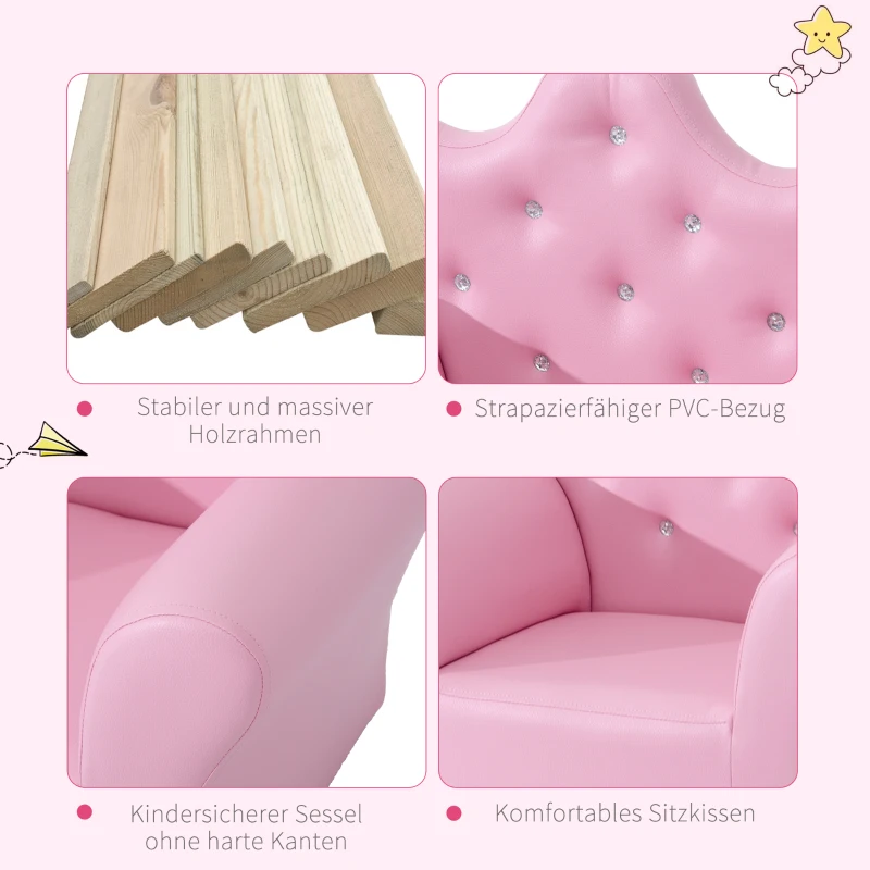 HOMCOM Kindersofa mit Ottomane, Kindercouch Prinzessinnen Kindercouch Mini Couch für Kuschelecke, Kinderzimmer, Spielzimmer, Schlafzimmer, Rosa