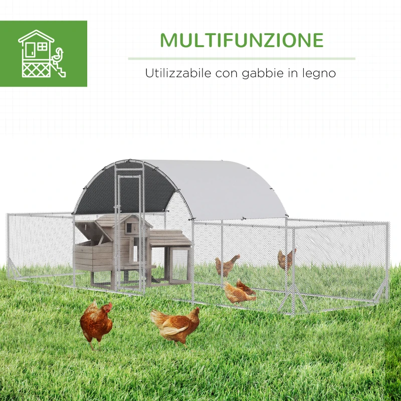 PawHut Pollaio da Giardino per 12-14 Galline in Acciaio Zincato e PE con Tettoia e Serratura, 660x190x195 cm