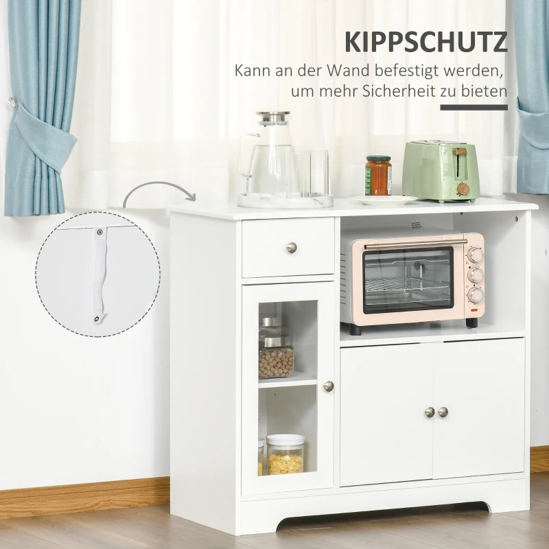 HOMCOM Mikrowellenschrank, Küchenschrank mit 2 Schränken und Schublade, Sideboard Aufbewahrungsschrank Kommode Multifunktionsschrank für Esszimmer, Kippschutz, Weiß, 90 x 40 x 82 cm
