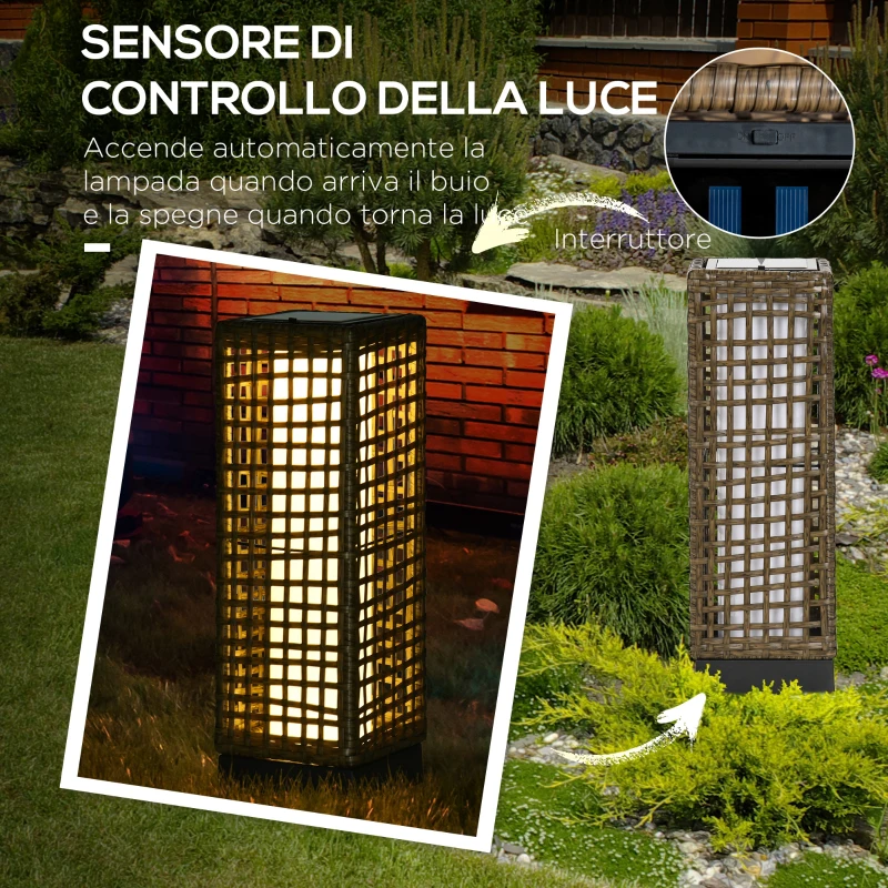 Outsunny Lampada Solare da Giardino con Pannello di Ricarica, in Acciaio e Rattan, 15.5x15.5x46 cm, Nero e Marrone